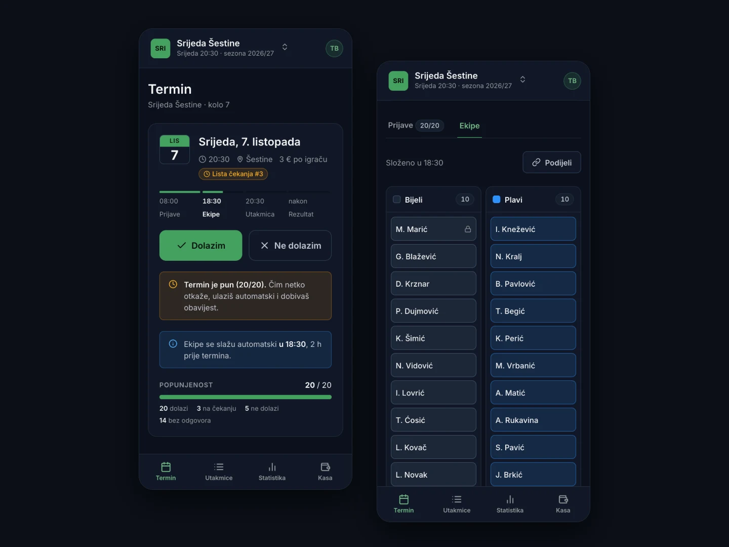 Two phone screens of Fuca termini: the session card with sign-up buttons, a waitlist badge and a capacity bar, and the Teams tab with two balanced ten-player teams.