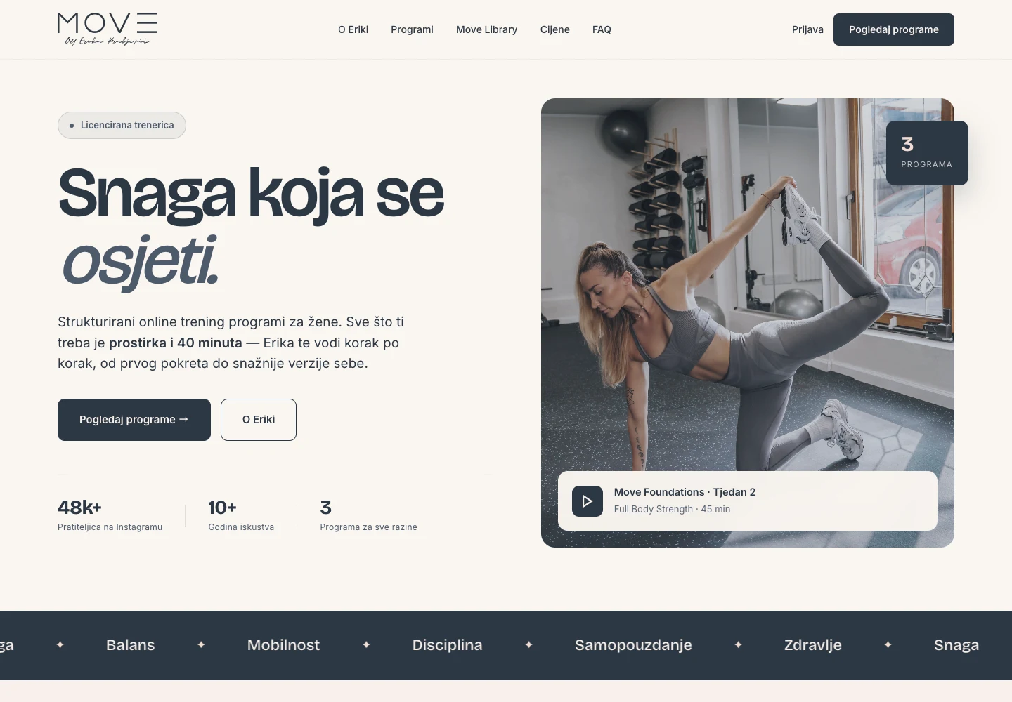 Move by Erika homepage: navigation, the headline 'Snaga koja se osjeti', a short intro with two buttons, and a large photo of the trainer stretching in the studio.